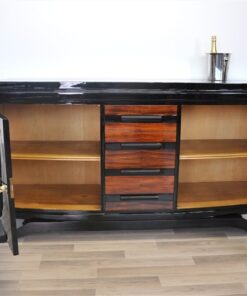 Art Deco, Sideboard, Buffet, Moebel, Antik, Hochglanzschwarz, Design, luxuriös, elegant, schwebender Fuß, holz, Apllikationen,