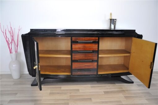 Art Deco, Sideboard, Buffet, Moebel, Antik, Hochglanzschwarz, Design, luxuriös, elegant, schwebender Fuß, holz, Apllikationen,