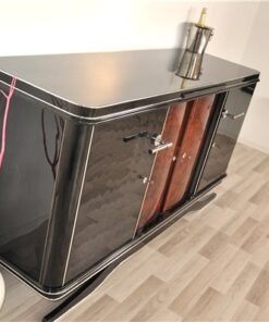 Art Deco, buffet, Sideboard, Moebel, schwebend, credenza, walnuss, tuer, restauriert, design, aufbewahrung, hochglanz, chromgriffe