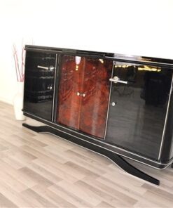 Art Deco, buffet, Sideboard, Moebel, schwebend, credenza, walnuss, tuer, restauriert, design, aufbewahrung, hochglanz, chromgriffe