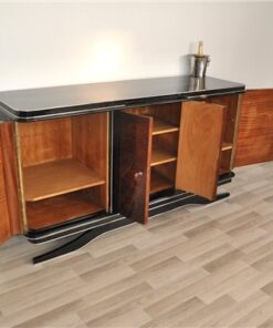 Art Deco, buffet, Sideboard, Moebel, schwebend, credenza, walnuss, tuer, restauriert, design, aufbewahrung, hochglanz, chromgriffe