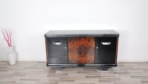 Art Deco, Moebel, Sideboard, Credenza, Buffet, Schrank, Hochglanz, Chromgriffe, Nussbaum, handpoliert, original, restuariert, luxus