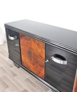 Art Deco, Moebel, Sideboard, Credenza, Buffet, Schrank, Hochglanz, Chromgriffe, Nussbaum, handpoliert, original, restuariert, luxus