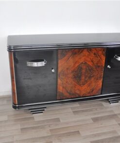 Art Deco, Moebel, Sideboard, Credenza, Buffet, Schrank, Hochglanz, Chromgriffe, Nussbaum, handpoliert, original, restuariert, luxus