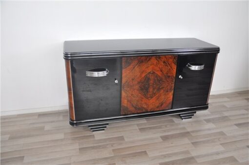 Art Deco, Moebel, Sideboard, Credenza, Buffet, Schrank, Hochglanz, Chromgriffe, Nussbaum, handpoliert, original, restuariert, luxus