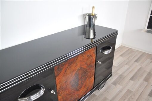 Art Deco, Moebel, Sideboard, Credenza, Buffet, Schrank, Hochglanz, Chromgriffe, Nussbaum, handpoliert, original, restuariert, luxus