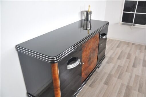 Art Deco, Moebel, Sideboard, Credenza, Buffet, Schrank, Hochglanz, Chromgriffe, Nussbaum, handpoliert, original, restuariert, luxus