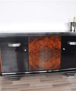 Art Deco, Moebel, Sideboard, Credenza, Buffet, Schrank, Hochglanz, Chromgriffe, Nussbaum, handpoliert, original, restuariert, luxus