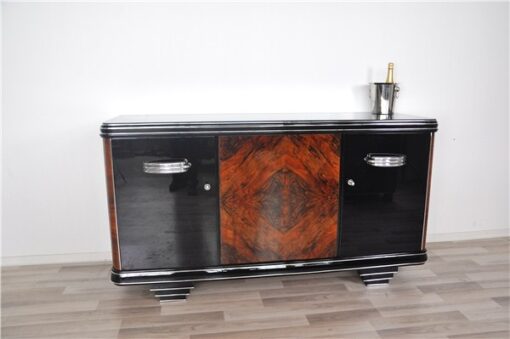 Art Deco, Moebel, Sideboard, Credenza, Buffet, Schrank, Hochglanz, Chromgriffe, Nussbaum, handpoliert, original, restuariert, luxus