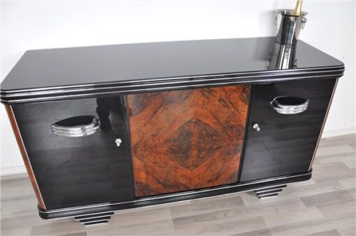 Art Deco, Moebel, Sideboard, Credenza, Buffet, Schrank, Hochglanz, Chromgriffe, Nussbaum, handpoliert, original, restuariert, luxus