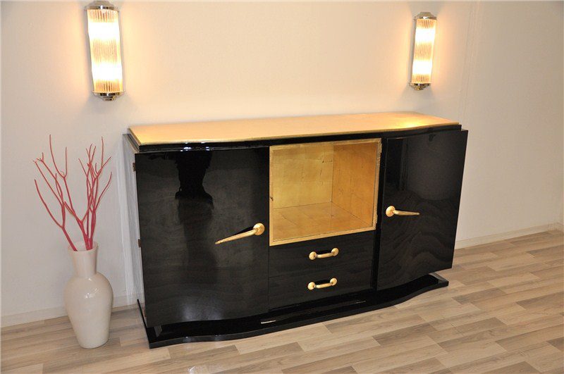 Schwarzes Art Deco Sideboard Mit Goldenen Details Original