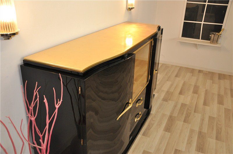 Schwarzes Art Deco Sideboard Mit Goldenen Details Original
