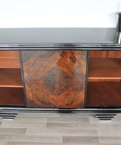 Art Deco, Moebel, Sideboard, Credenza, Buffet, Schrank, Hochglanz, Chromgriffe, Nussbaum, handpoliert, original, restuariert, luxus