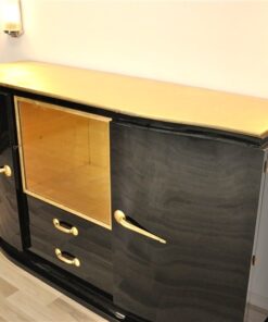 Art Deco, Sideboard, Buffet, Credenza, Schwarz, Hochglanz, elegant, Handpoliert, Wohnzimmer, Vitrine, Einzelstueck, Restauriert