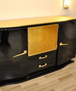 Art Deco, Sideboard, Buffet, Credenza, Schwarz, Hochglanz, elegant, Handpoliert, Wohnzimmer, Vitrine, Einzelstueck, Restauriert