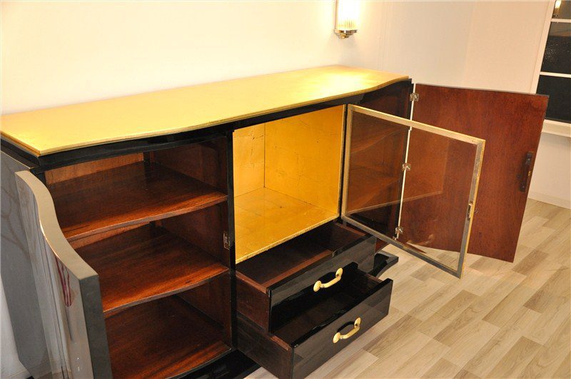 Schwarzes Art Deco Sideboard Mit Goldenen Details Original