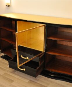 Art Deco, Sideboard, Buffet, Credenza, Schwarz, Hochglanz, elegant, Handpoliert, Wohnzimmer, Vitrine, Einzelstueck, Restauriert