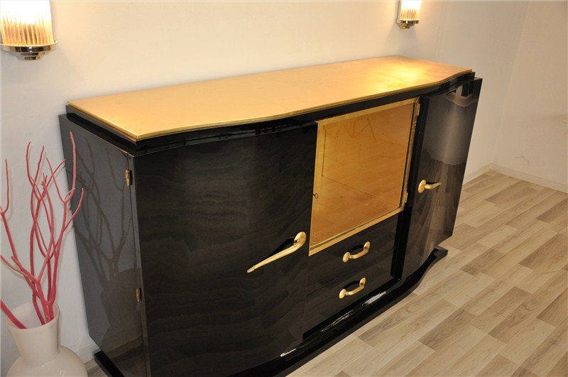 Schwarzes Art Deco Sideboard Mit Goldenen Details Original