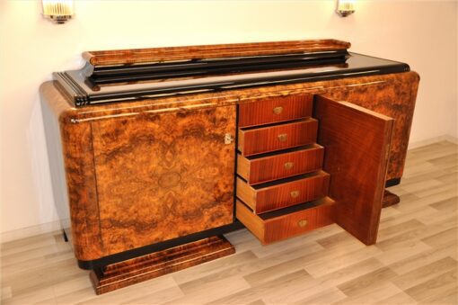 Art Deco, Sideboard, Buffet, Credenza, Aufbewahrung, Wurzelholz, Furnier, Maserung, Klavierlack, einzigartig, Antik, Design, Hochglanz