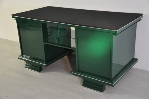 Art Deco, Schreibtisch, Tisch, Jaguar Racing Green, Original, Lack, Wohnzimmer, Büro, Design, Chromleisten, Alcantara, Leder