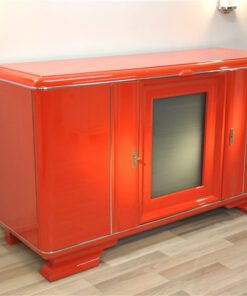 Art Deco, Buffet, Sideboard, rot, feuerrot, wundervoller Farbton, Antik, Vintage, Design, lackiert, handpoliert, elegant, Wohnzimmer, Moebel