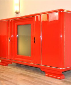 Art Deco, Buffet, Sideboard, rot, feuerrot, wundervoller Farbton, Antik, Vintage, Design, lackiert, handpoliert, elegant, Wohnzimmer, Moebel