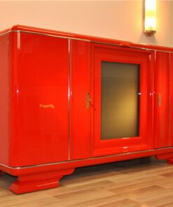 Art Deco, Buffet, Sideboard, rot, feuerrot, wundervoller Farbton, Antik, Vintage, Design, lackiert, handpoliert, elegant, Wohnzimmer, Moebel