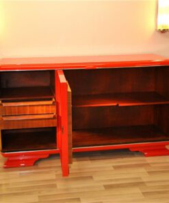 Art Deco, Buffet, Sideboard, rot, feuerrot, wundervoller Farbton, Antik, Vintage, Design, lackiert, handpoliert, elegant, Wohnzimmer, Moebel