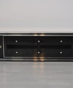 Art Deco Lowboard, Sideboard, Lowboard, Klavierlack, Hochglanzschwarz, Handpoliert, zeitloses Design, Chromleiste, Frankreich 1938, Schwarz, Wohnzimmermöbel