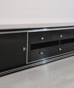 Art Deco Lowboard, Sideboard, Lowboard, Klavierlack, Hochglanzschwarz, Handpoliert, zeitloses Design, Chromleiste, Frankreich 1938, Schwarz, Wohnzimmermöbel