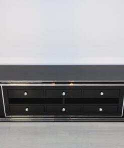 Art Deco Lowboard, Sideboard, Lowboard, Klavierlack, Hochglanzschwarz, Handpoliert, zeitloses Design, Chromleiste, Frankreich 1938, Schwarz, Wohnzimmermöbel