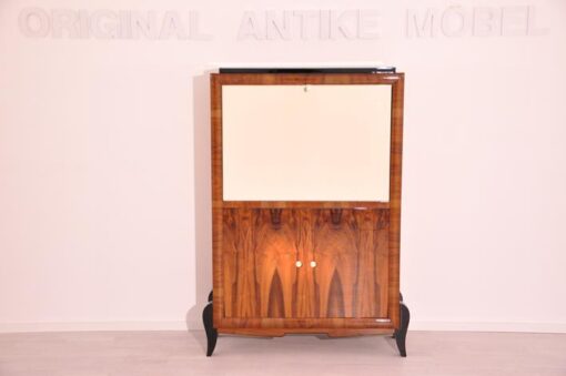 Art Deco, Sekretaer, Walnuss, Schrank, Details, Design, hochglanz Lack, Luxus, Vintage, Antik, restauriert, Wohnzimmer, Maserung