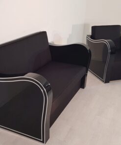 schwarz, hochglanz, sessel, art deco, sofa, chromliner, wohnzimmer, chromgriffe, lack, Luxus, Furnier, Chromlinien, klavierlack