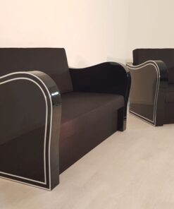 schwarz, hochglanz, sessel, art deco, sofa, chromliner, wohnzimmer, chromgriffe, lack, Luxus, Furnier, Chromlinien, klavierlack