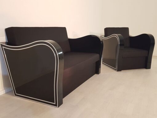 schwarz, hochglanz, sessel, art deco, sofa, chromliner, wohnzimmer, chromgriffe, lack, Luxus, Furnier, Chromlinien, klavierlack