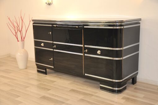 schwarz, hochglanz, sideboard, buffet, art deco, toller fuß, wohnzimmer, chromgriffe, lack, Luxus, Furnier, Chromlinien, klavierlack