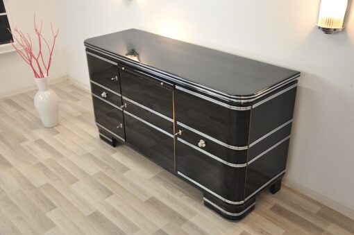 schwarz, hochglanz, sideboard, buffet, art deco, toller fuß, wohnzimmer, chromgriffe, lack, Luxus, Furnier, Chromlinien, klavierlack