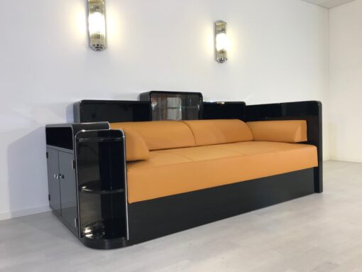 Art Deco, Daybed, Leder, Sofa, Klavierlack, Design, moebeldesign, Innendesign, luxus, elegant, Hochglanz, Wohnzimmer, Polstermoebel