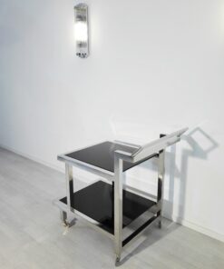 Bauhaus, Servierwagen, hochglanz, Barwagen, Design, Innendesign, Luxus, Hotelmoebel, Moebel, Bar, elegant, Chrom, Lacobel, Glas, schwarz