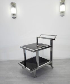 Bauhaus, Servierwagen, hochglanz, Barwagen, Design, Innendesign, Luxus, Hotelmoebel, Moebel, Bar, elegant, Chrom, Lacobel, Glas, schwarz