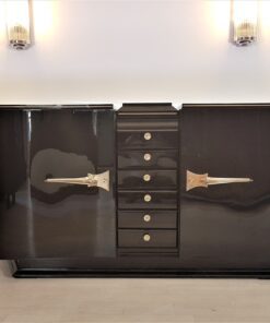 Art Deco, Sideboard, Design, geschwungene Turen, schwarz, Hochglanz, Lack, Innendesign, Kommode, Buffet, Credenza, Aufbewahrung, Luxus