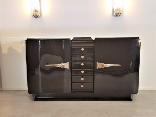 Art Deco, Sideboard, Design, geschwungene Turen, schwarz, Hochglanz, Lack, Innendesign, Kommode, Buffet, Credenza, Aufbewahrung, Luxus