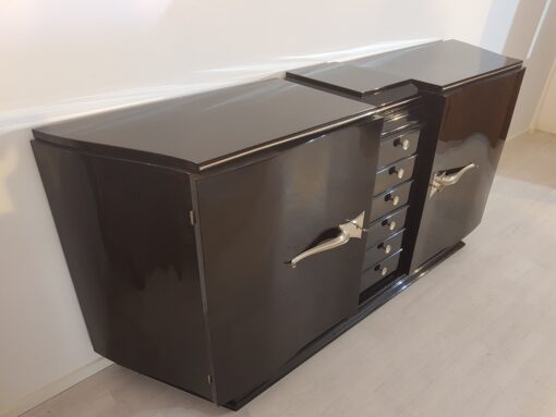 Art Deco, Sideboard, Design, geschwungene Turen, schwarz, Hochglanz, Lack, Innendesign, Kommode, Buffet, Credenza, Aufbewahrung, Luxus