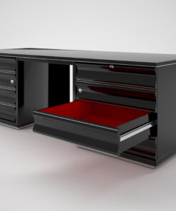 Schwarzer Art Deco Schreibtisch mit roten Schubladen, Hochglanz, Moebel, Design, Tisch, Buero, Innendesign, luxus, Lack, Klavierlack