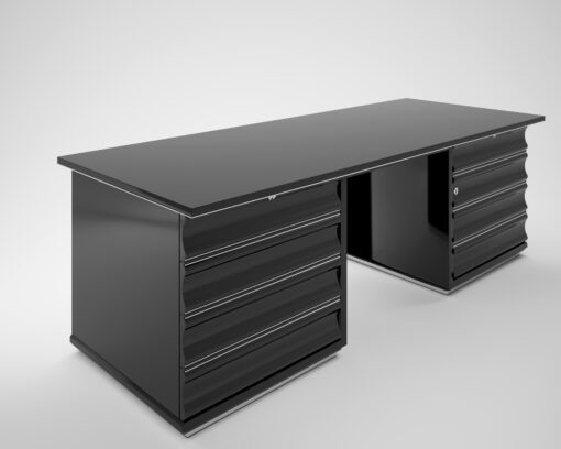 Schwarzer Art Deco Schreibtisch mit roten Schubladen, Hochglanz, Moebel, Design, Tisch, Buero, Innendesign, luxus, Lack, Klavierlack