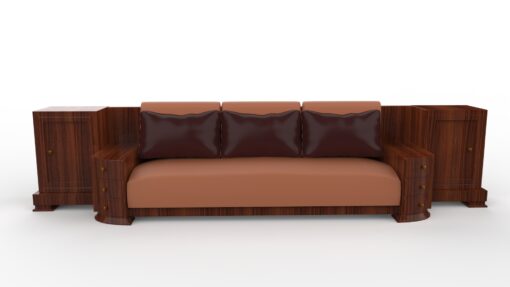 Großes Art Deco Sofa, Walnuss Holz, Maserung, XXL, Dreisitzer, Leder, Kissen, Innendesign, Luxusmoebel, Villa, Wohnzimmer, Sitzmoebel