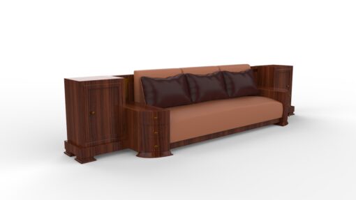 Großes Art Deco Sofa, Walnuss Holz, Maserung, XXL, Dreisitzer, Leder, Kissen, Innendesign, Luxusmoebel, Villa, Wohnzimmer, Sitzmoebel