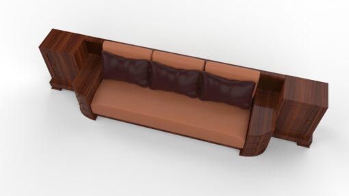 Großes Art Deco Sofa, Walnuss Holz, Maserung, XXL, Dreisitzer, Leder, Kissen, Innendesign, Luxusmoebel, Villa, Wohnzimmer, Sitzmoebel