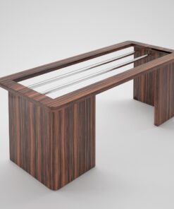Toller Design Schreibtisch für Ihr Büro oder Wohnzimmer. Bietet einzigartiges Makassarholz und tolle Stahlapplikationen unter der Tischplatte