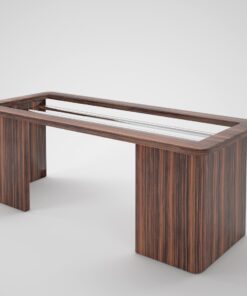 Toller Design Schreibtisch für Ihr Büro oder Wohnzimmer. Bietet einzigartiges Makassarholz und tolle Stahlapplikationen unter der Tischplatte